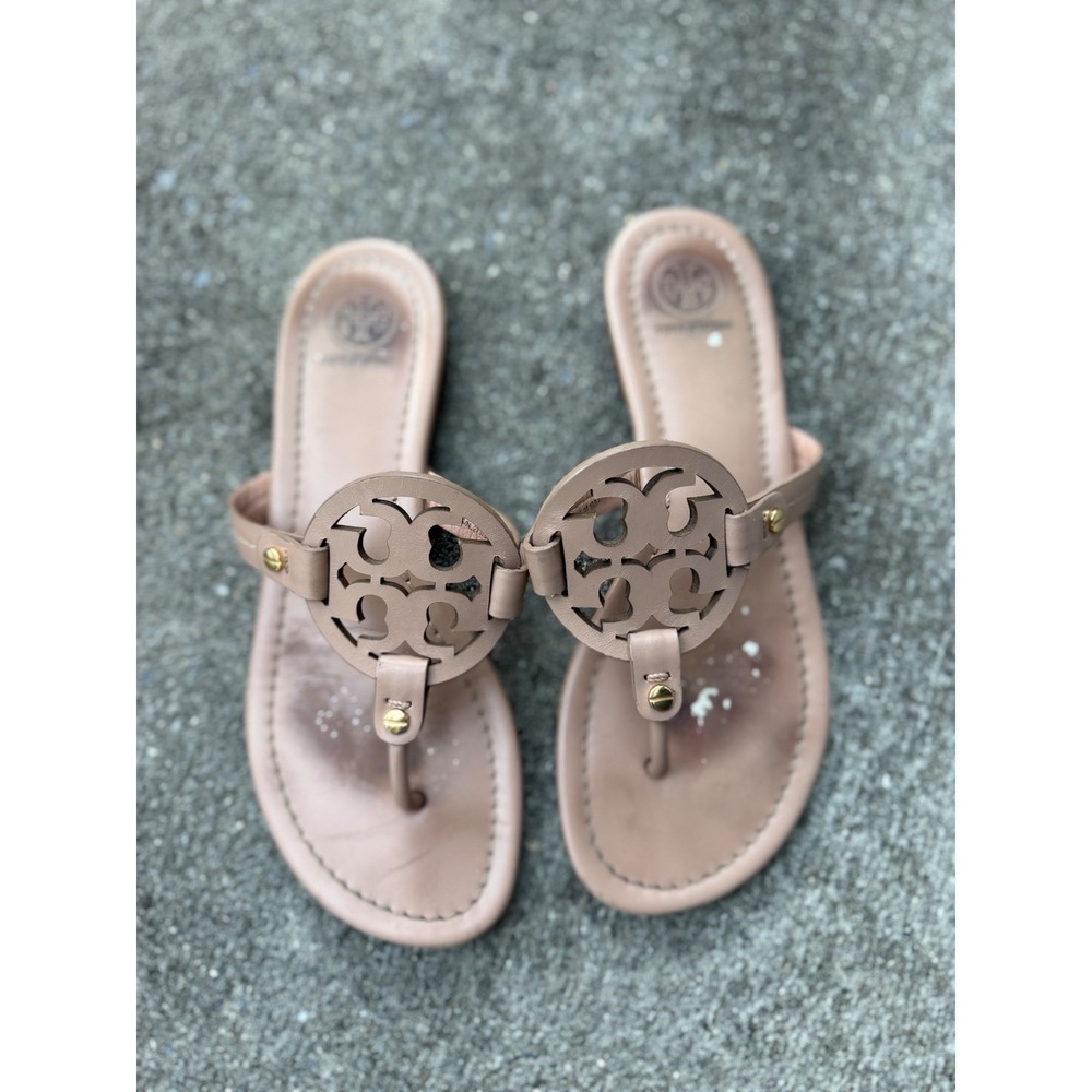 Tory Burch Miller Leather Logo Thong Sandals Makeup Nude Tan Gold Rivet Size 7